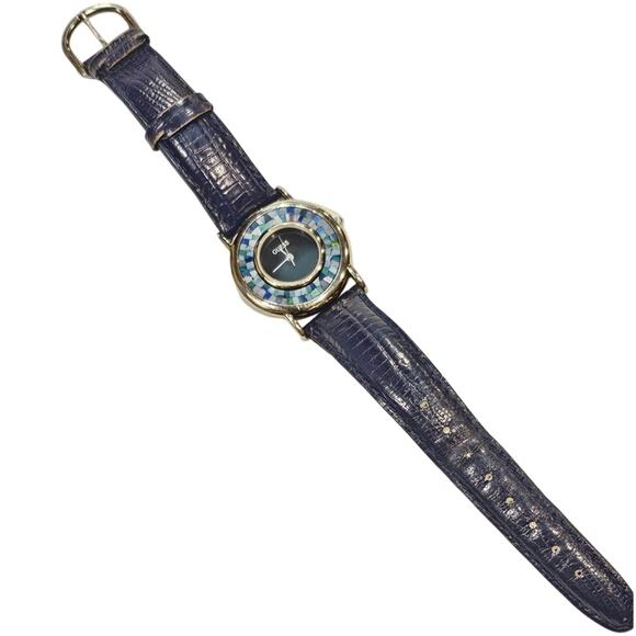⌚ Vintage GUESS Watch Opal Mosaic Bezel - Stainless Steel Blue Leather - Picture 2 of 5